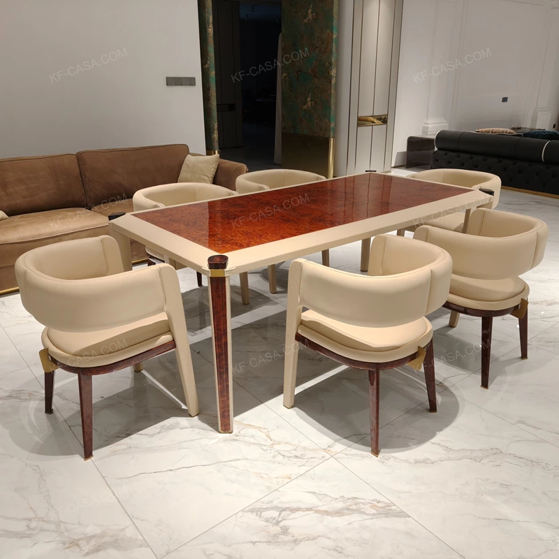 Upholstered-Leg Dining Table with Amber Burl Wood Top and Metal Accents